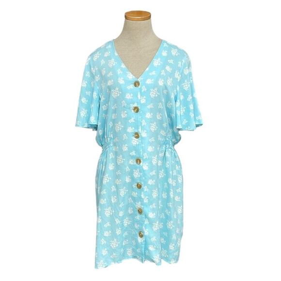 Abound Dress Womens Large Blue Floral NWT Short Sleeve Buttons A-Line - Picture 1 of 16